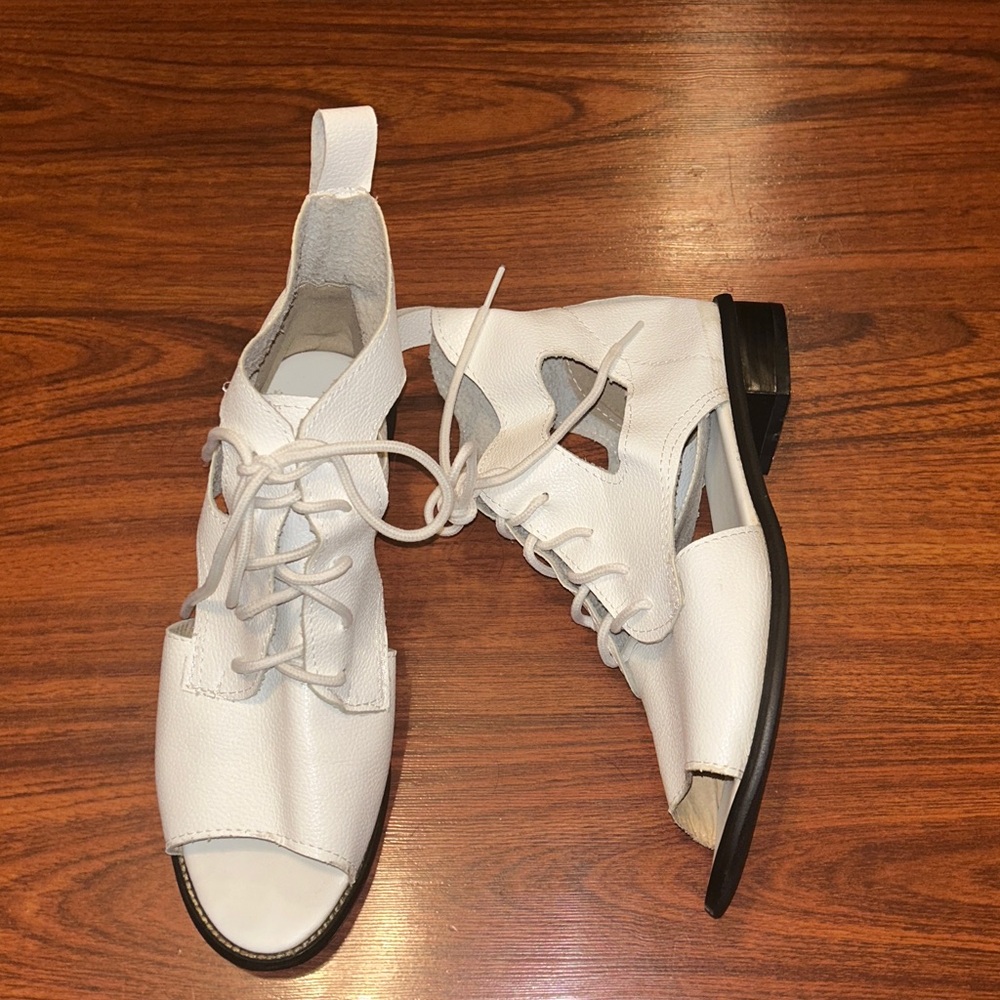 Lace Up Wht Italian Leather Gladiator Geometric Cut Out Ankle Boots Sandals sz39